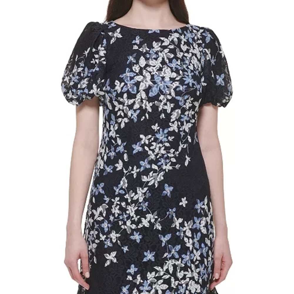 Jessica Howard Floral-Print Short Puff-Sleeve Lace Sheath Dress 12 Embroidered